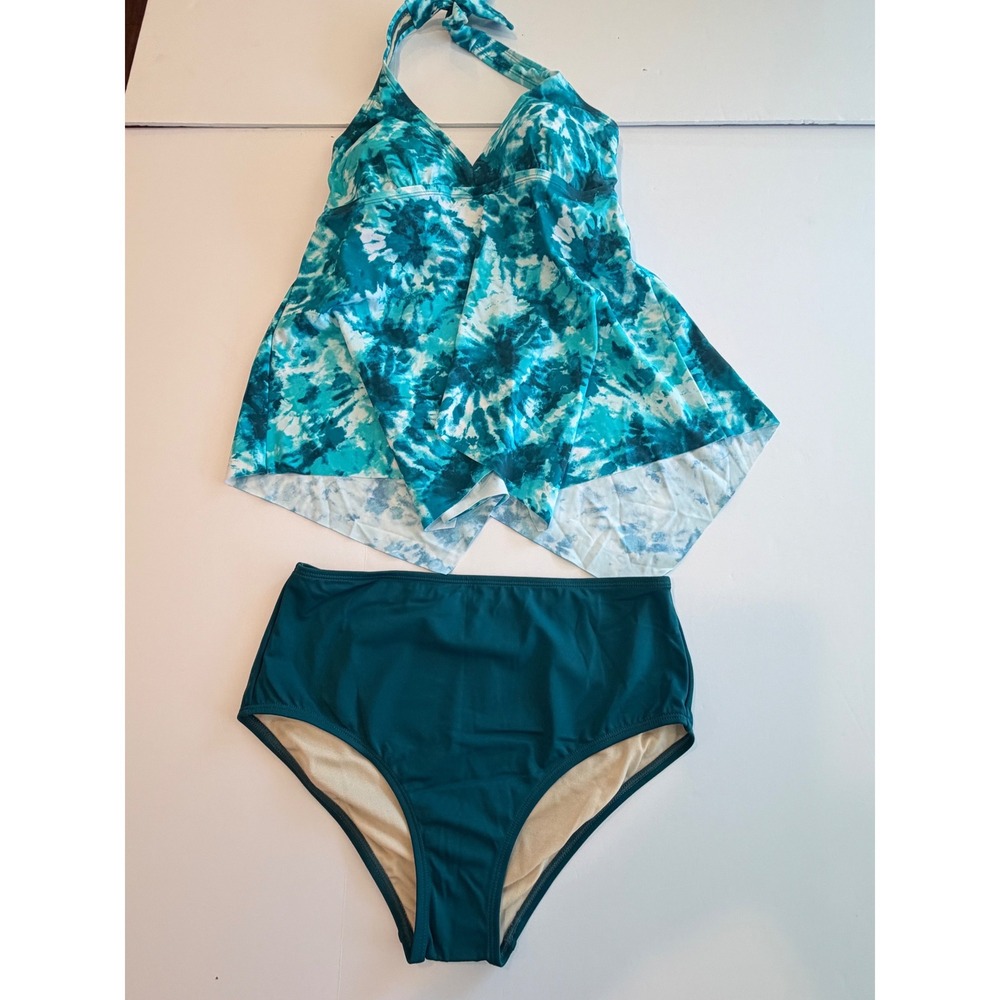 Kim Gravel x Swimsuits For All Tie Dye Tankini Set Blue‎ Teal 8 Handkerchief Hem